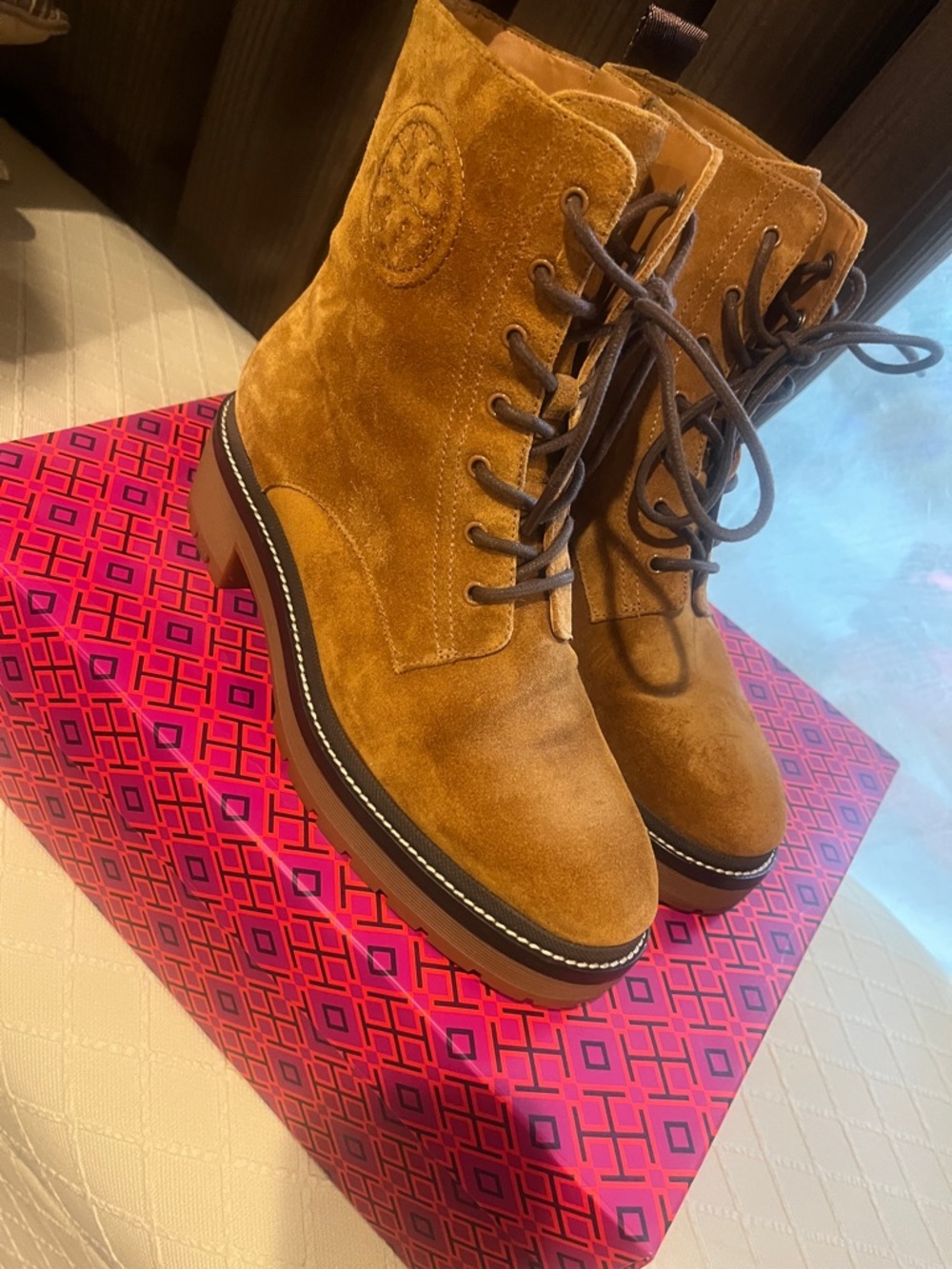 Tory Burch Tan Suede Lace-Up Ankle Boots